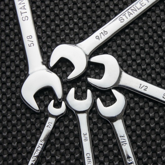 Close up of 6 piece Combination Wrench S A E Set featuring head part of wrench.